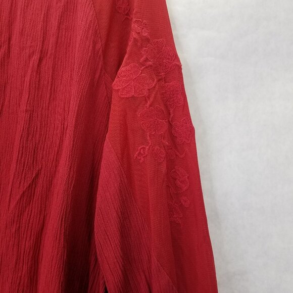 DG2 Diane Gilman Womens L Long Sleeve Blouse Red Embroidered Mesh Shoulder Crepe - Picture 6 of 14